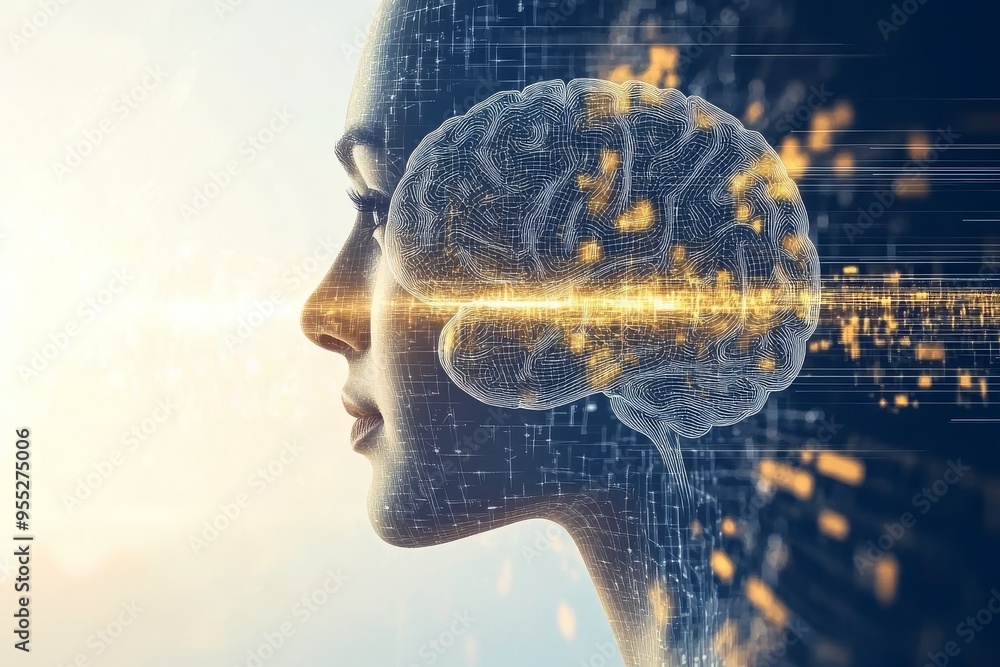 Poster neural adaptation imaging side profile of a woman with her brain composed of neural connections and 