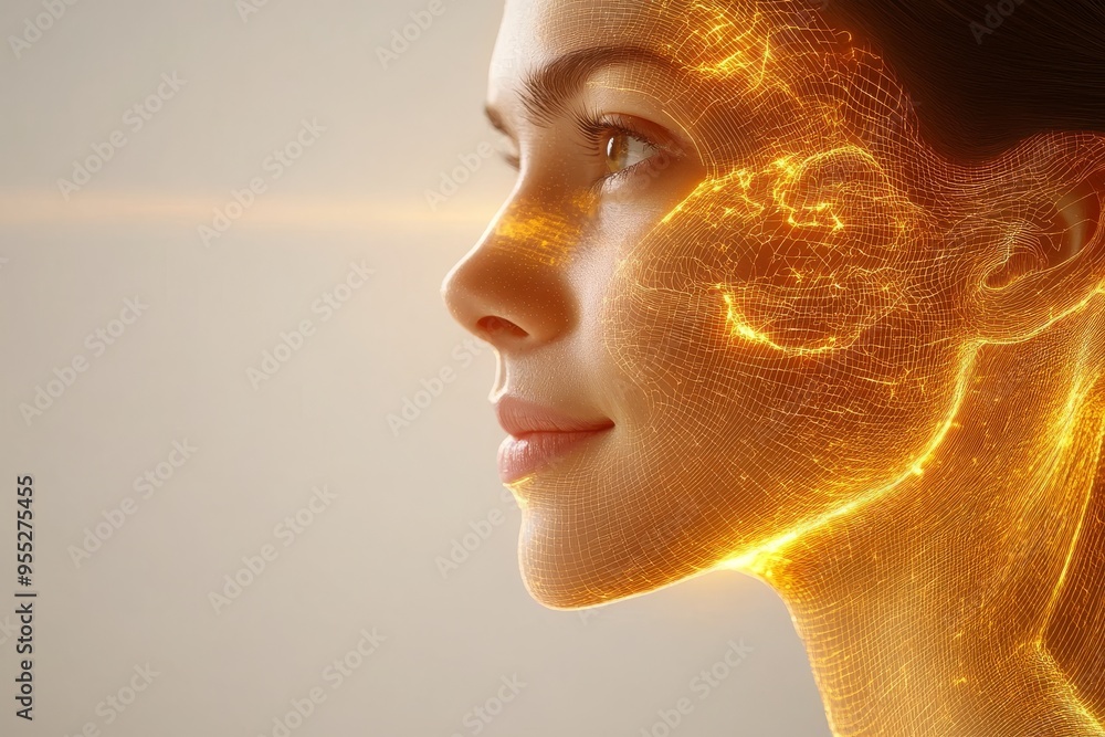 Poster sensory processing imaging close up of a woman’s face illuminated by glowing neural pathways symboli