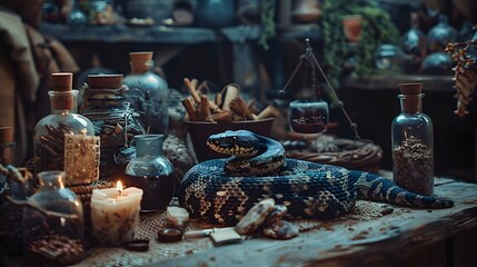 Mysterious Alchemist s Lab with Coiled Snake and Vintage Potions  Detailed Dark Fantasy Concept