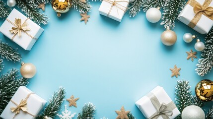 Merry Christmas and Happy Holidays greeting card, frame, banner. New Year. Noel. Christmas white and golden ornaments and gifts