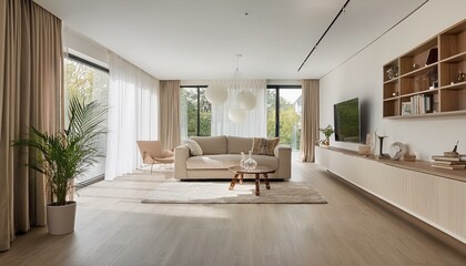 A simple living room with clean lines and neutral colors
