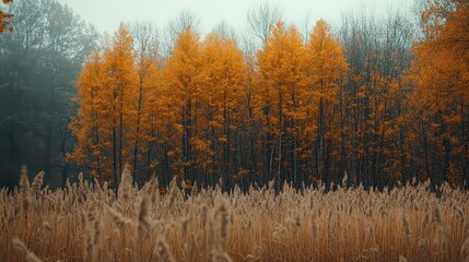   golden field of tall grass under a clear blue sky leads to a vibrant forest of spruce-firs and larches. The scene resonates with the peacefulness of the autumn wilderness.