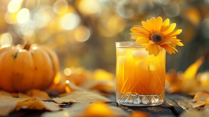 Glass of cold pumpkin drink with bright yellow flower image copy space. Fallen leaves, golden autumnal banner background blurred. Autumn vibes drink concept photography copyspace