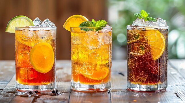 Citrus and soda refreshing drinks closeup image. Garnished with lime, orange. Three tall glasses filled with iced beverages close up photography. Party mocktail concept photo realistic