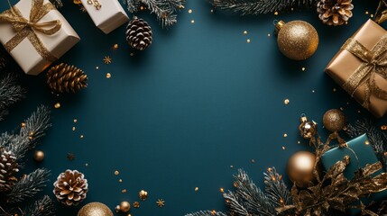 Merry Christmas and Happy Holidays greeting card, frame, banner. New Year. Noel. Christmas white and golden ornaments and gifts