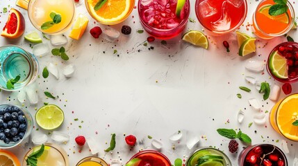 Refreshing fruit cocktails with citrus and berries border background image. Mint leaves, ice cubes summer frame backdrop wallpaper realistic. Tropical drinks concept photorealistic