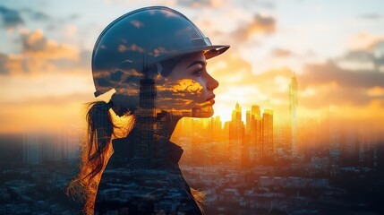 Double exposure image of a woman in a hard hat, merging with a city skyline at sunset, symbolizing the connection between people and urban development.