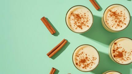 Traditional eggnog with cinnamon and spices background top view image. Comforting flavors. Milk punch flatlay photo backdrop wallpaper realistic. Christmas concept photorealistic