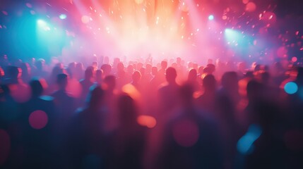 vibrant, energetic crowd enjoys a concert or party, bathed in colorful lights and surrounded by an atmosphere of music and excitement.