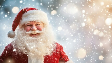 A smiling santa with a red hat and beard