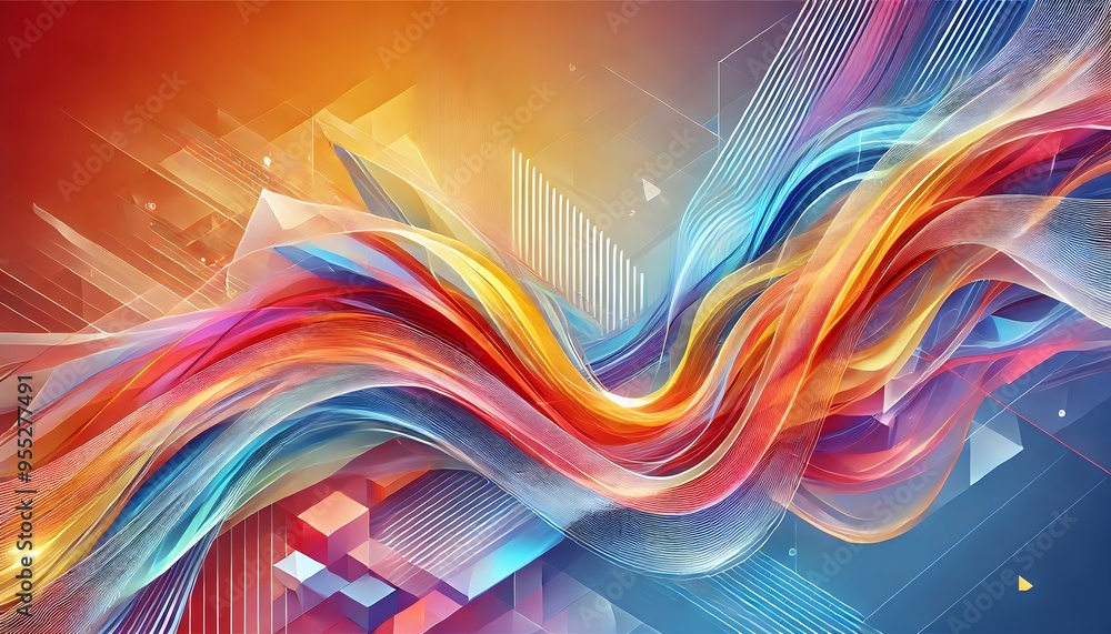 Poster a dynamic display of colorful, abstract waves and geometric shapes in vibrant hues, representing a f