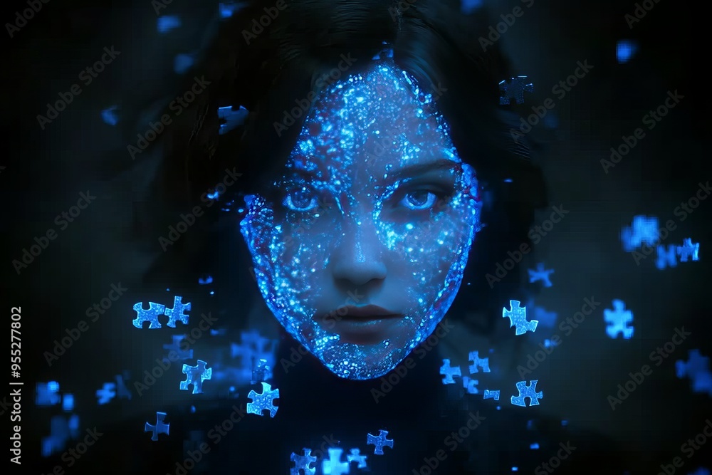 Poster cortical function imaging woman’s face dissolving into a swarm of blue particles symbolizing the fra