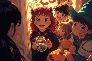 Halloween Night: Joyful Trick-or-Treating Kids, trick-or-treat, children, kids, joyful, pumpkin, jack-o-lantern, Halloween costumes, autumn, festive, anime-style