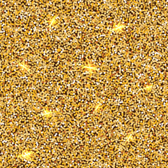 Gold glitter powder with glowing sparkles, seamless pattern. Yellow shiny dot particles with shimmer sequins, Background texture. Vector illustration