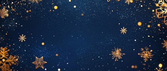 Fototapeta premium Navy christmas background with snowflakes and gold sequins