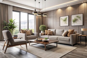 Fototapeta premium * Plush sofa and accent chairs in neutral shades adorn a contemporary living room, accented by a modern
