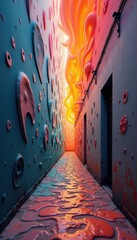 Fototapeta premium A vibrant, surreal hallway illuminated by warm hues, featuring organic shapes and textures, perfect for creative projects in art, design, or conceptual themes.