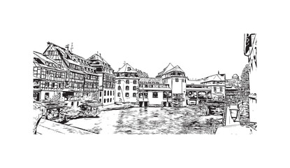 Building view with landmark of Strasbourg is the city in France. Hand drawn sketch illustration in vector.