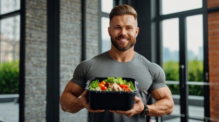 Close-up of male bodybuilder holding box with fresh salad in gym
