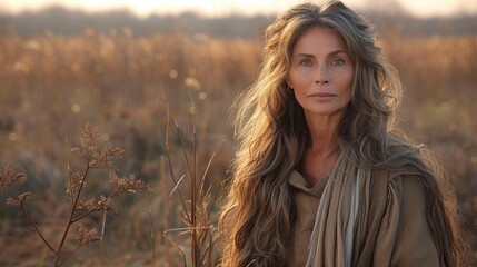 A serene mature woman with long gray hair, wearing earthy-toned clothing, standing in a sunlit field of tall grasses and wildflowers during a tranquil autumn sunset