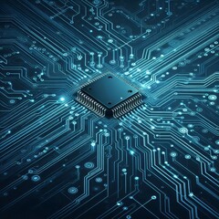 Thin circuit trace lines in blue on a dark technology background. Abstract digital tech bg. Electronics and computer technology concept. Chip and circuit board. Vector illustration. Chip connectors
