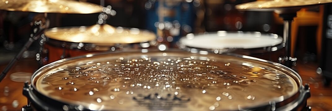 A close-up photograph of a water-filled drum in a dimly lit setting, showcasing the intricate reflection and texture of water on the drum's surface - Powered by Adobe