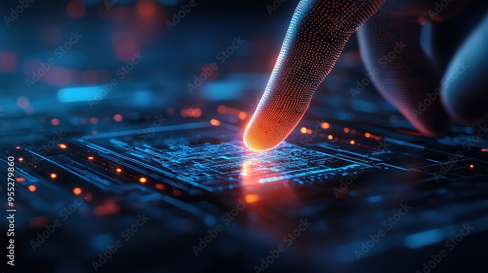 Poster a close-up view of a finger touching a glowing circuit board, symbolizing technology and innovation 
