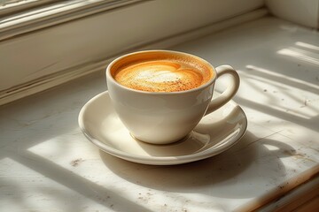 White coffee cup with saucer on a table. Concept of relaxation and comfort
