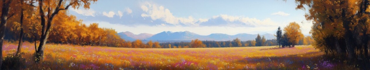 Fototapeta premium Scenic Wildflower Field with Distant Mountain Range in View