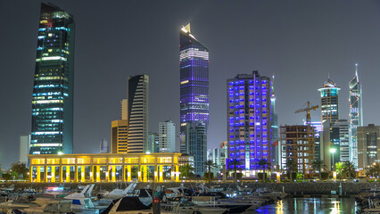 Yachts and boats at the Sharq Marina night timelapse hyperlapse in Kuwait. Kuwait City, Middle East