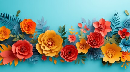 vibrant arrangement of paper-cut flowers in warm colors against a blue background, ideal for creative design projects, celebrating the beauty of floral art and handmade crafts.