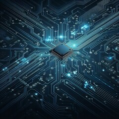 Thin circuit trace lines in blue on a dark technology background. Abstract digital tech bg. Electronics and computer technology concept. Chip and circuit board. Vector illustration. Chip connectors
