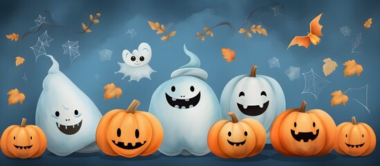 Fototapeta premium Blue Halloween background with smiling pumpkins and ghosts