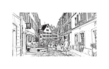 Building view with landmark of Strasbourg is the city in France. Hand drawn sketch illustration in vector.