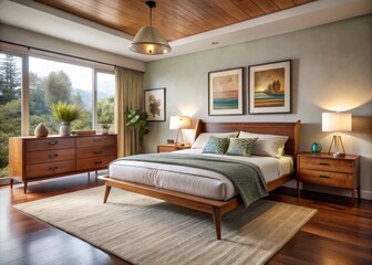 Rich, warm walnut tones dominate this tranquil bedroom suite, complete with vintage pieces from the 1950s and striking