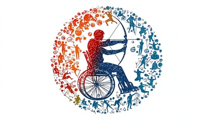 Dynamic illustration of a person in a wheelchair practicing archery, representing strength and determination in sports.