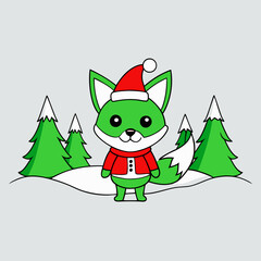 Santa Claus Arctic Fox with Red Ribbon on Forest White Background – Vector Art