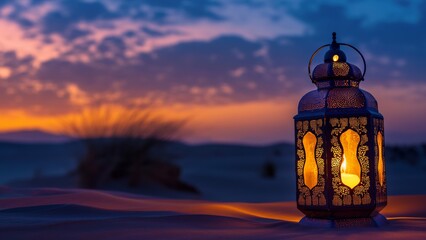 Ramadan lanterns on the desert at sunset