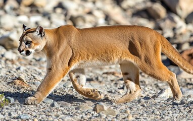 Obraz premium A sleek mountain lion traverses a rocky, arid landscape, its muscular body and intense gaze capturing the essence of this powerful predator in its natural habitat