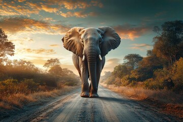 Elephant Walking on a Dusty Road at Sunset