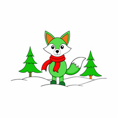 Santa Claus Arctic Fox with Red Ribbon on Forest White Background – Vector Art