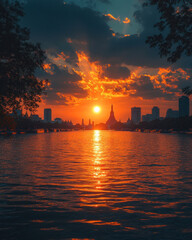 Fototapeta premium The iconic Wat Arun temple in Bangkok, captured at dawn with the sun rising behind it