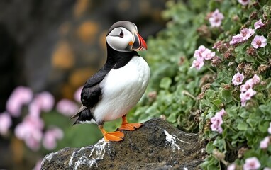 A colorful Atlantic puffin stands on a rocky outcrop surrounded by delicate pink flowers, showcasing its distinctive beak and contrasting plumage