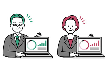 パソコンの画面で資産運用を紹介する中年のスーツの男女　セット