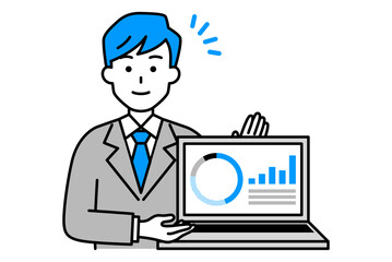パソコンの画面で資産運用を紹介するスーツの男性