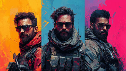 Fototapeta premium Three men with military uniforms and sunglasses are shown in a colorful painting