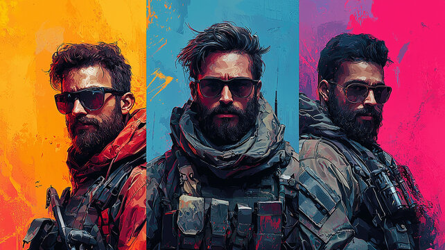Three men with military uniforms and sunglasses are shown in a colorful painting