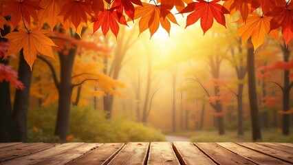 Autumn Forest with Wooden Deck and Falling Leaves
