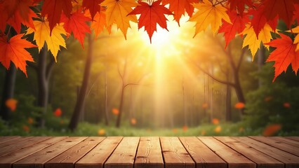 Autumn Forest with Wooden Deck and Falling Leaves