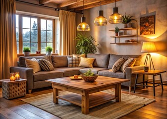 Rustic charm abounds in this cozy living room, where a wooden table, sofa, and warm lighting combine to